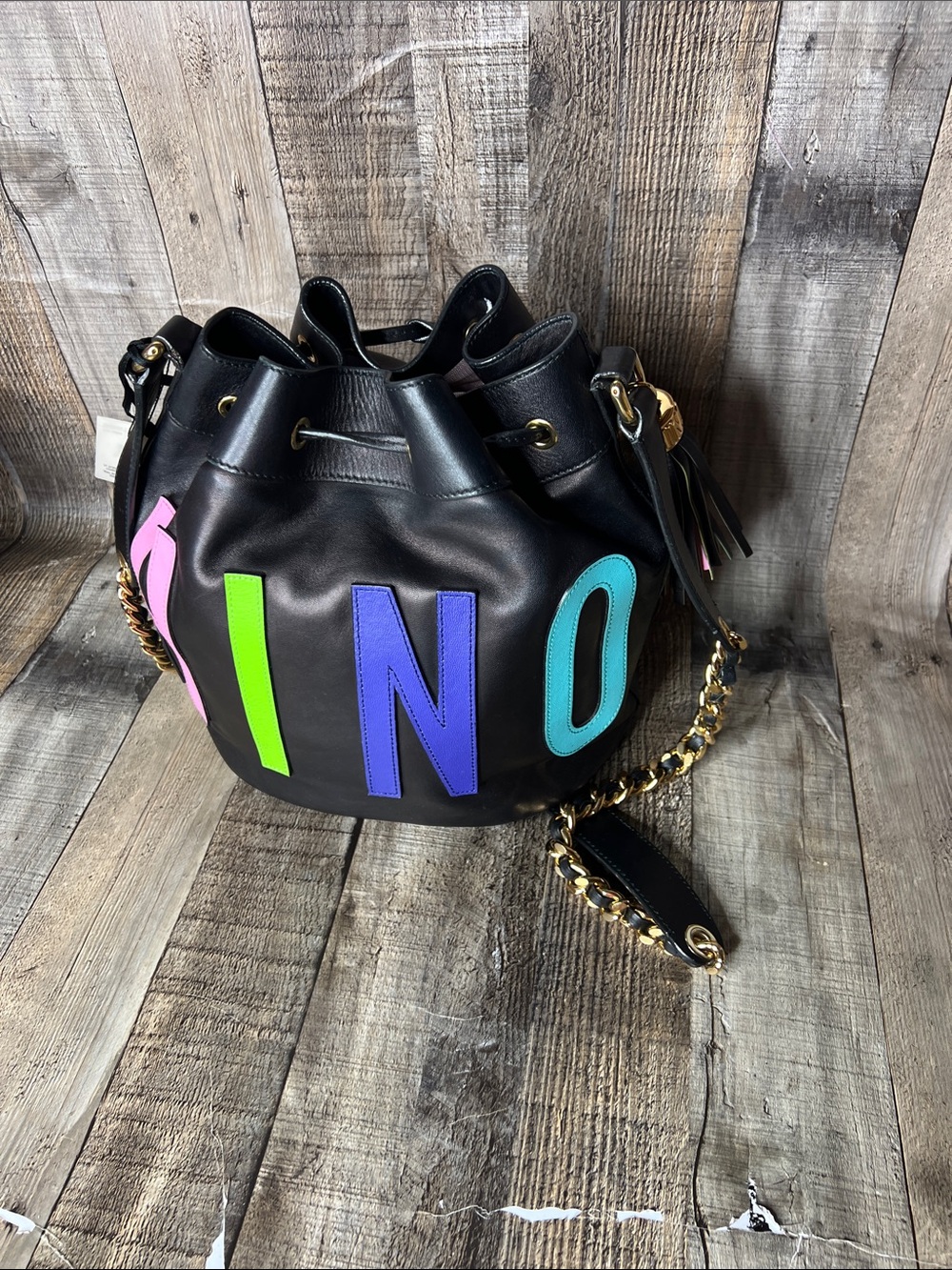 Moschino Black Leather Bucket Bag with Multicolor Lettering - Picture 5 of 10